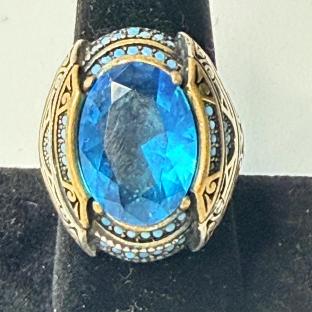 Sterling Silver 925 Turkish Ring Sz 9 Ottoman Blue Topaz Signet Vintage